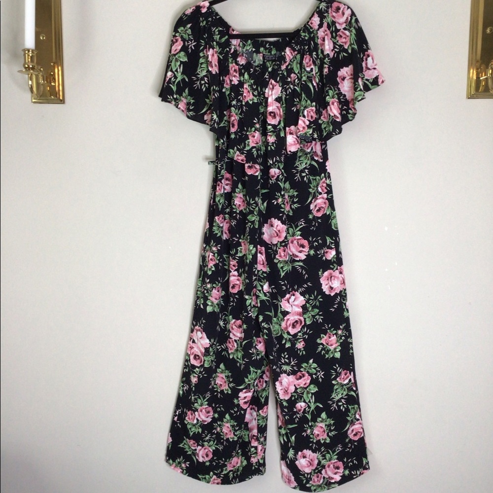 Topshop Floral Ruffled Off/On Shoulders Jumpsuit 4 Cropped Wide Legs Soft Flowy